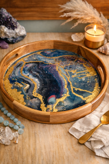 Starlit Tide - Resin Art Wood Serving Tray (16")