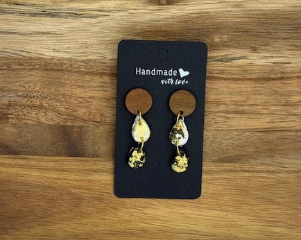 Black, White, & Gold Teardrop Dangles w/ Wood Post